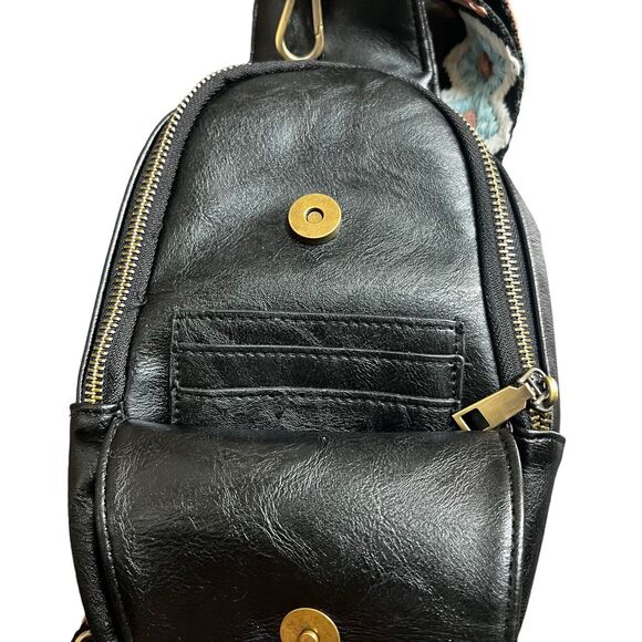 Unbranded Black Vegan Leather Sling Bag Embroidered Strap - Picture 5 of 10